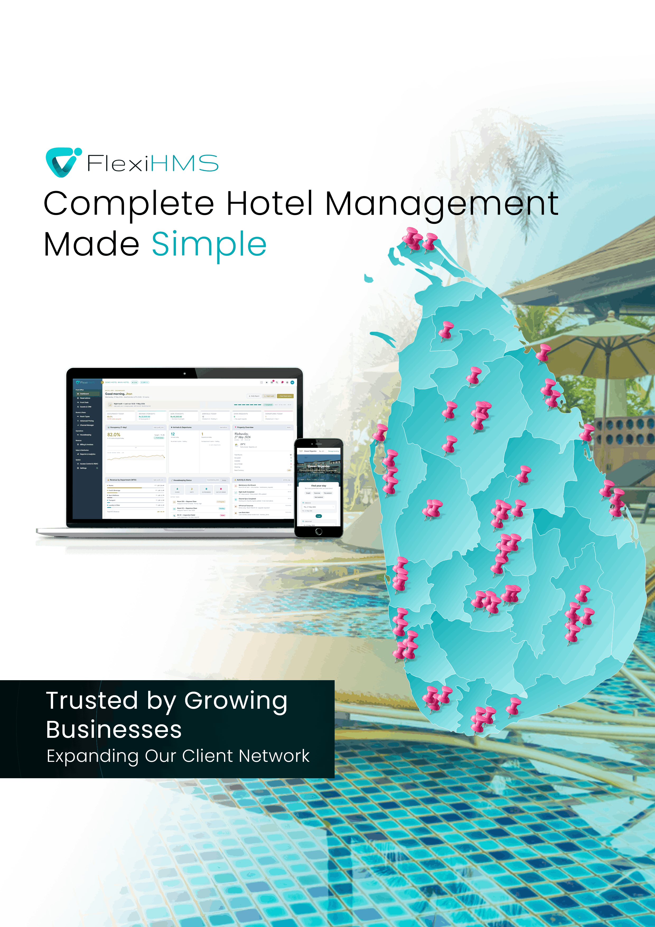 FlexiHMS - complete hotel management made simple: reservations, front desk, POS, housekeeping, payments and reports in one platform.